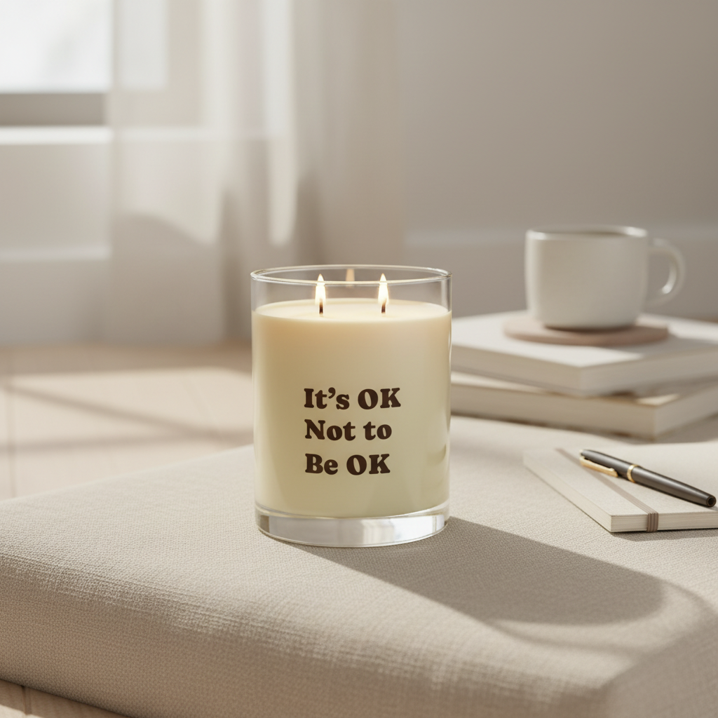 Soft Life Society Affirmation Candle with 'It's OK Not to Be OK' text on a table with books and a mug in the background.
