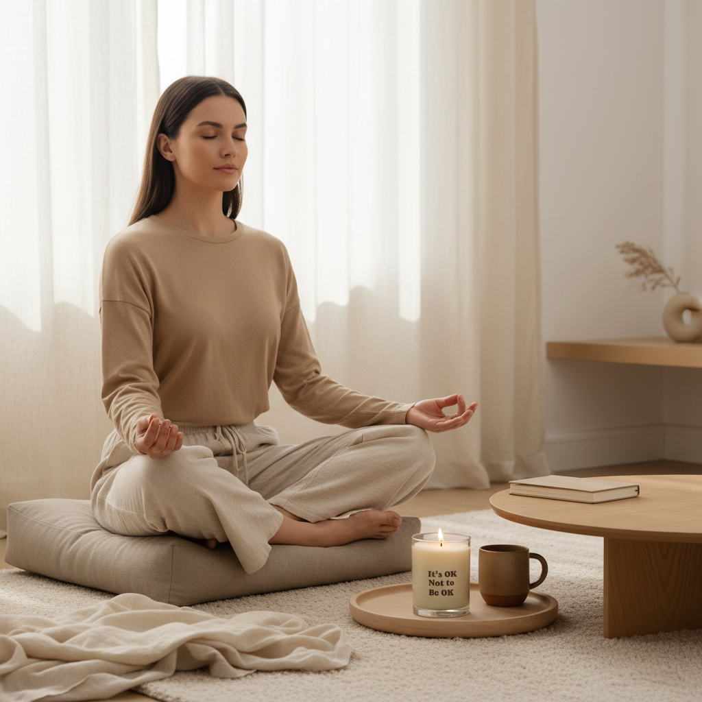 Woman meditating in a peaceful living room setting with a Soft Life Society Affirmation candle and mug.