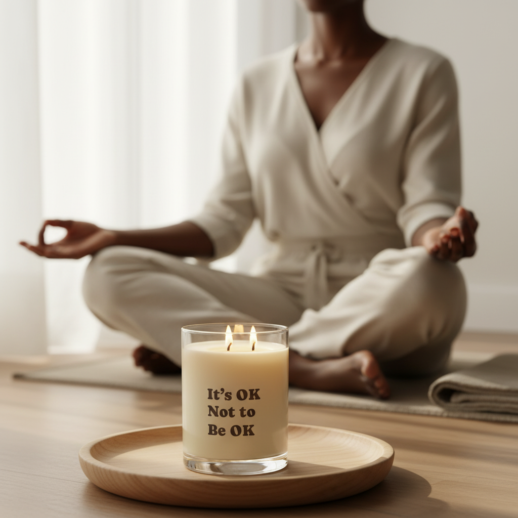 Person meditating with a Soft Life Society Affirmation candle labeled 'It's OK Not to Be OK' on a wooden tray.