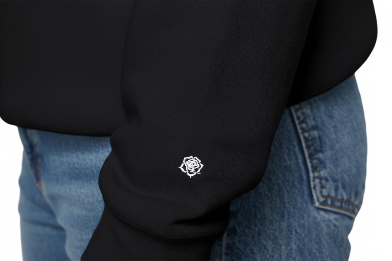 Close-up view of embroidered rose on a black long-sleeve shirt 