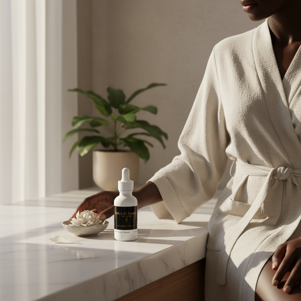Person in a robe interacting with a 'Soft Life Society' skincare product on a marble surface.