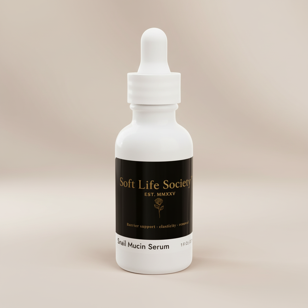 White dropper bottle with black 'Soft Life Society' label on a beige background
