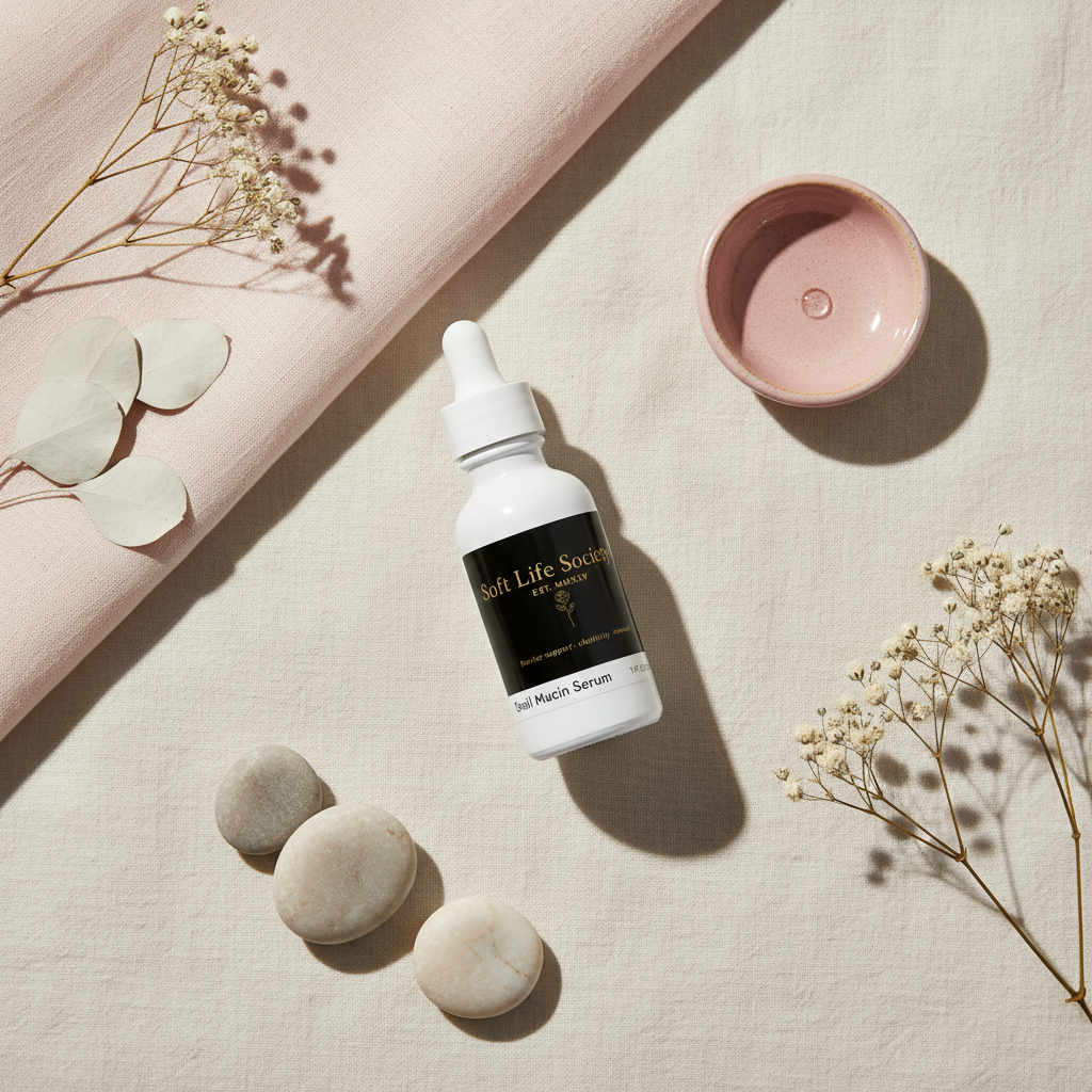 White dropper bottle with black 'Soft Life Society' label on a beige surface with dried flowers and stones.