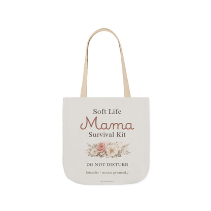 Tote bag with 'Soft Life Mama Survival Kit' text and floral design on a white background