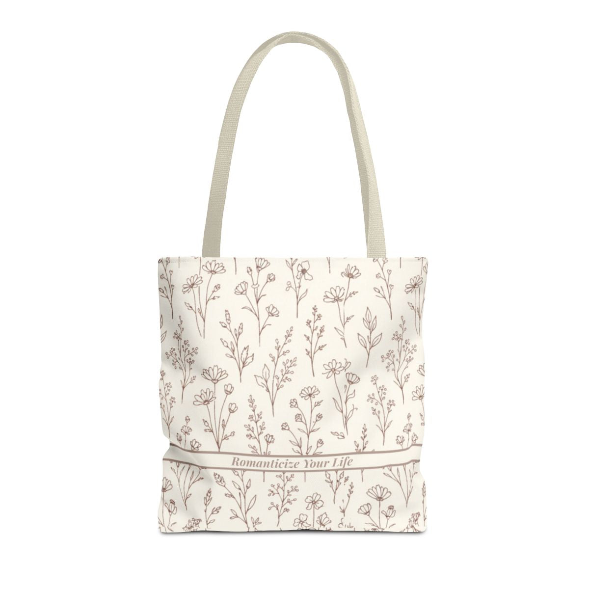 Tote bag with floral pattern and text on a white background