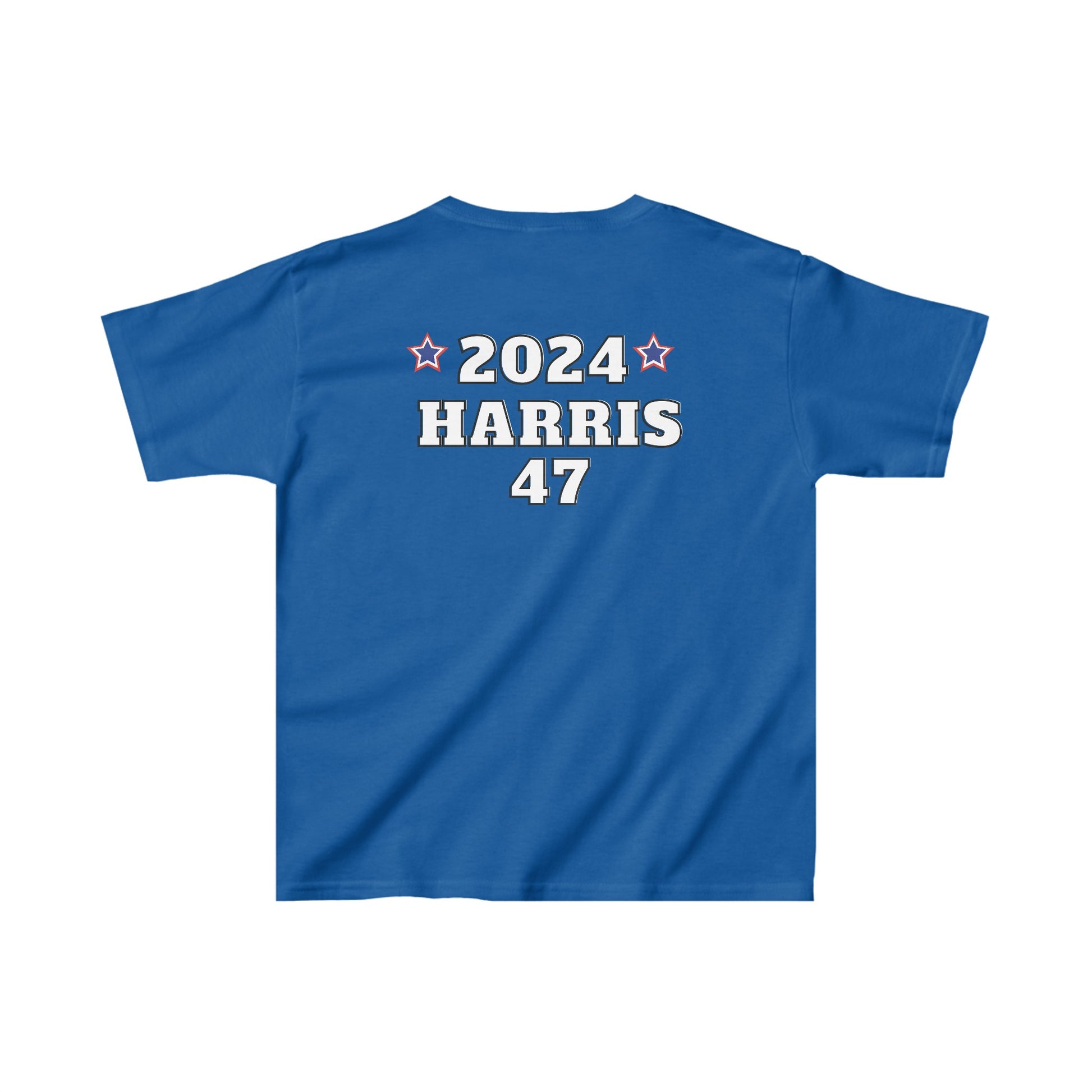 Kids' Cat Ladies United for Kamala T-Shirt with 2024 HARRIS 47 Back Print featuring a cute and patriotic cat design
