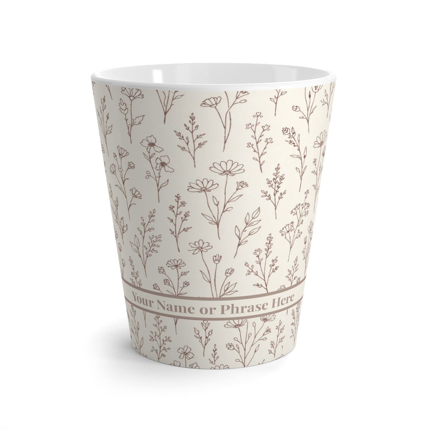 'Romanticize Your Life' Latte Mug with floral pattern and text 'YOUR NAME OR PHRASE HERE' on a white background