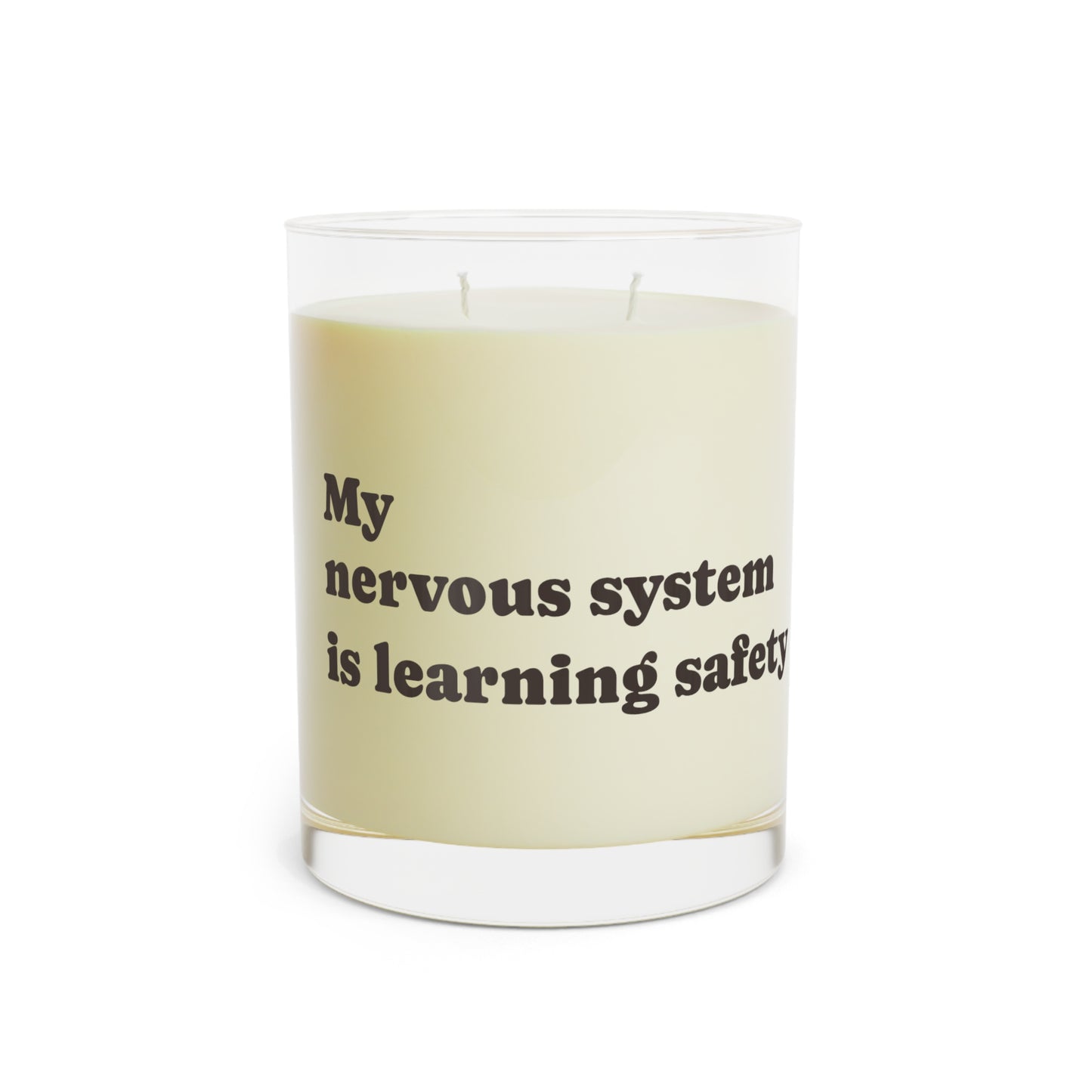Soft Life Society Affirmation Candle with a message on a white background