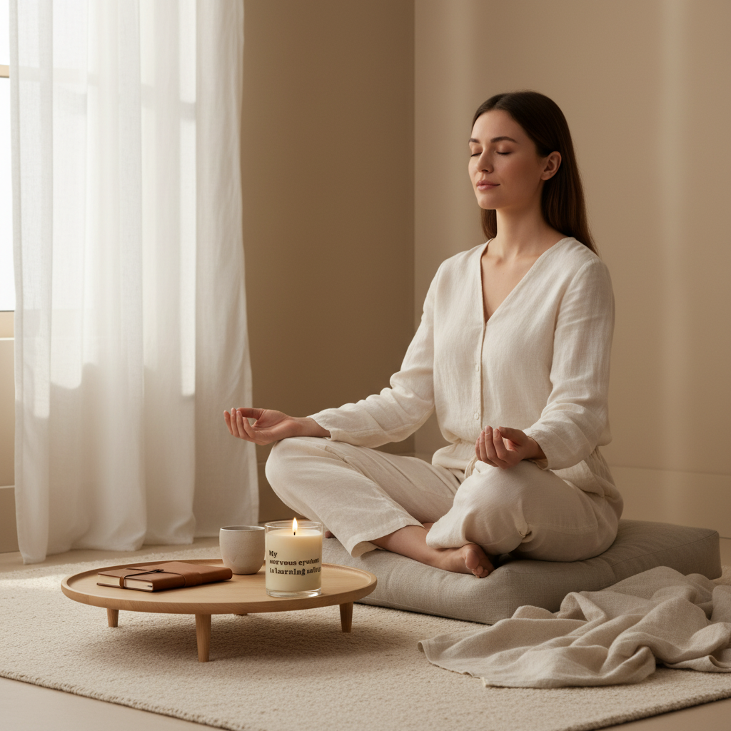 Woman in white outfit meditating in a serene room with a Soft Life Society Affirmation candle and tray.