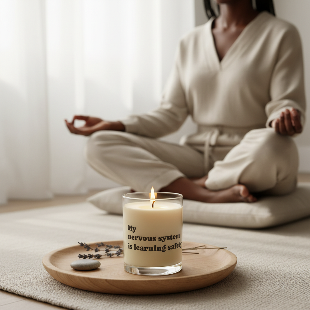 Person meditating with a Soft Life Society Affirmation candle labeled 'My nervous system is learning safely' on a tray.