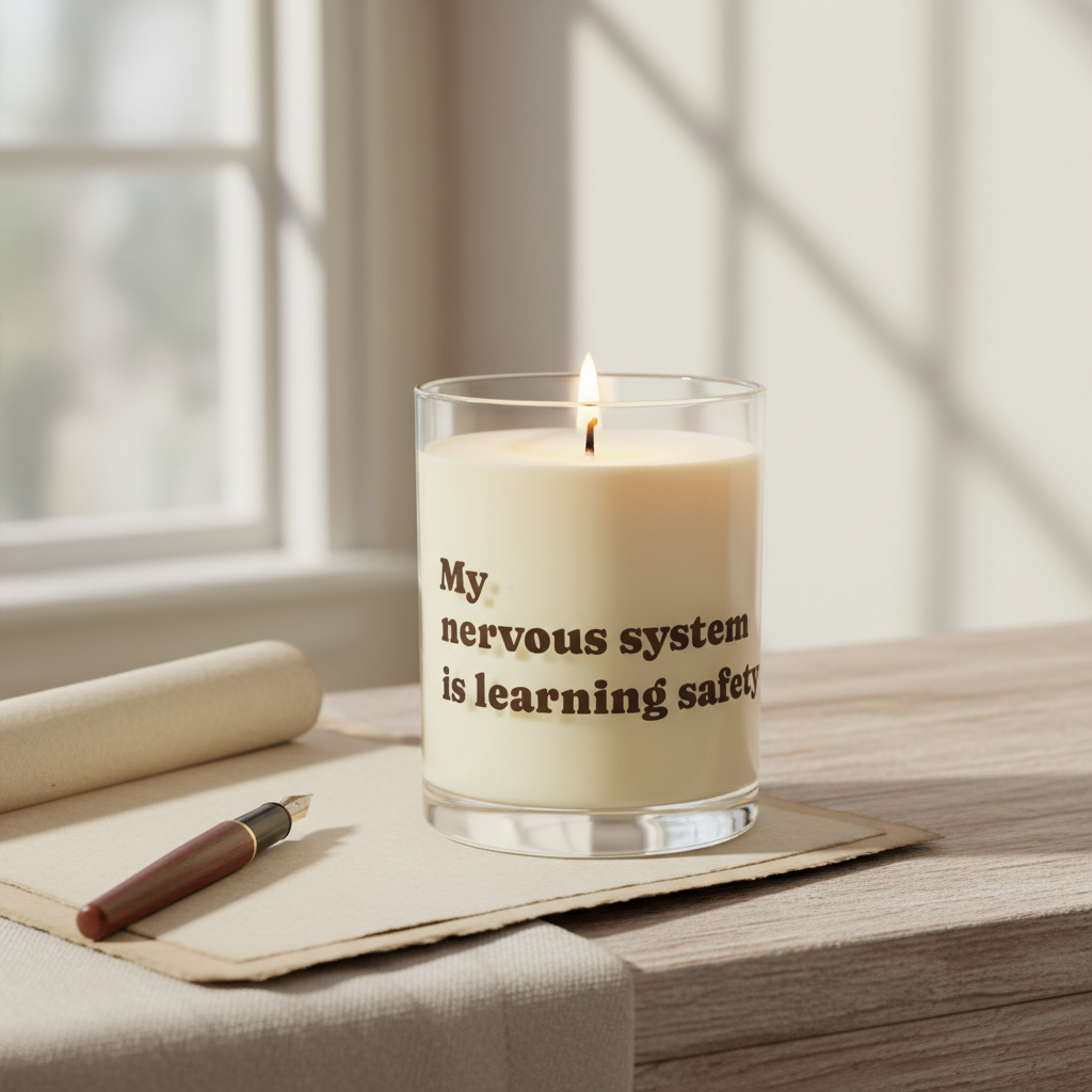 Soft Life Society Affirmation Candle with text on a table with a pen and paper