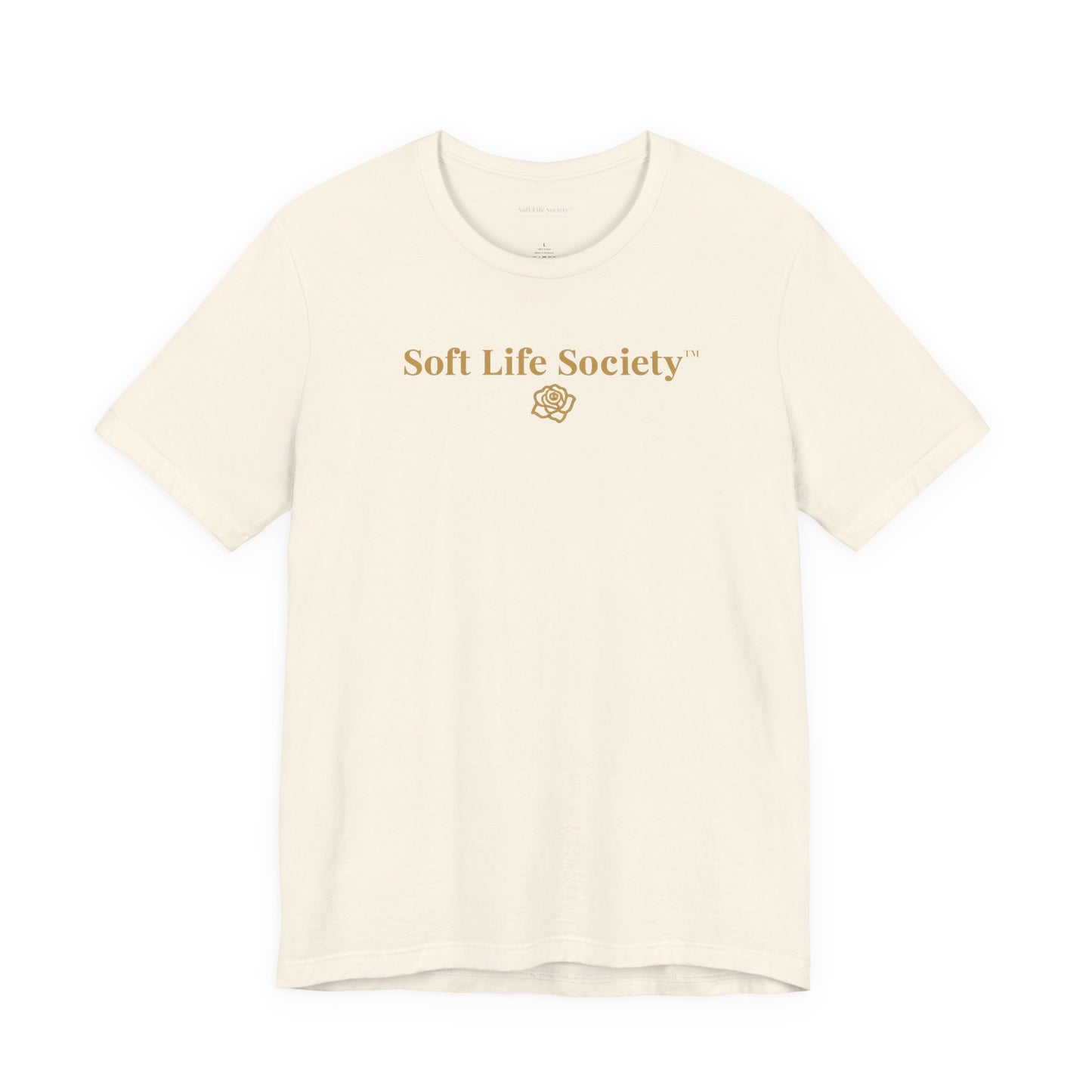 Soft Life Society cream t-shirt with gold lettering and rose emblem, minimalist relaxed fit