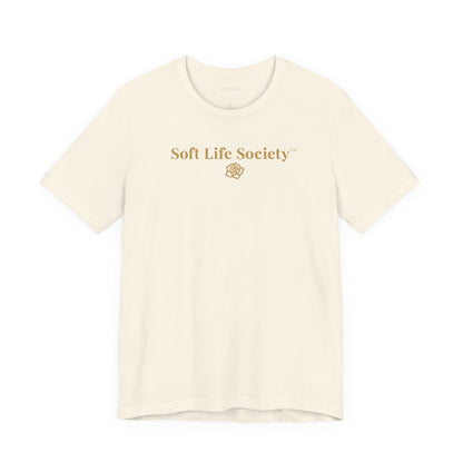 Soft Life Society cream t-shirt with gold lettering and rose emblem, minimalist relaxed fit