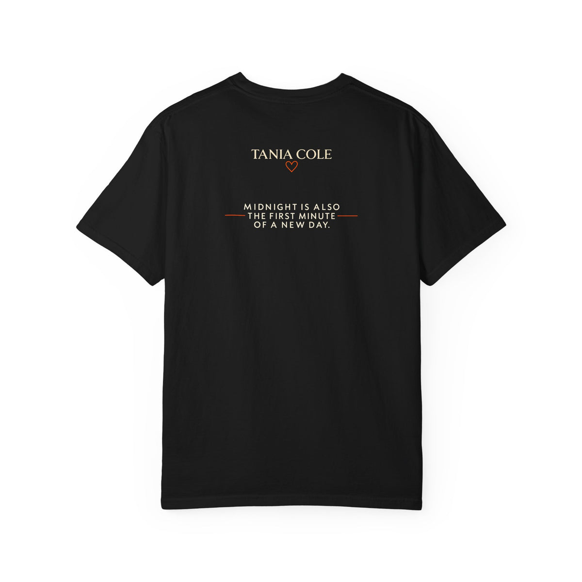 Back view of Tokyo After Midnight reader tee with Tania Cole name and midnight quote