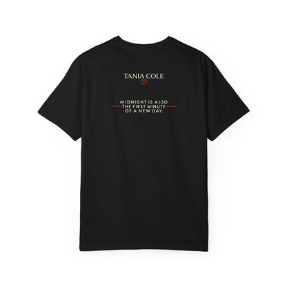 Back view of Tokyo After Midnight reader tee with Tania Cole name and midnight quote