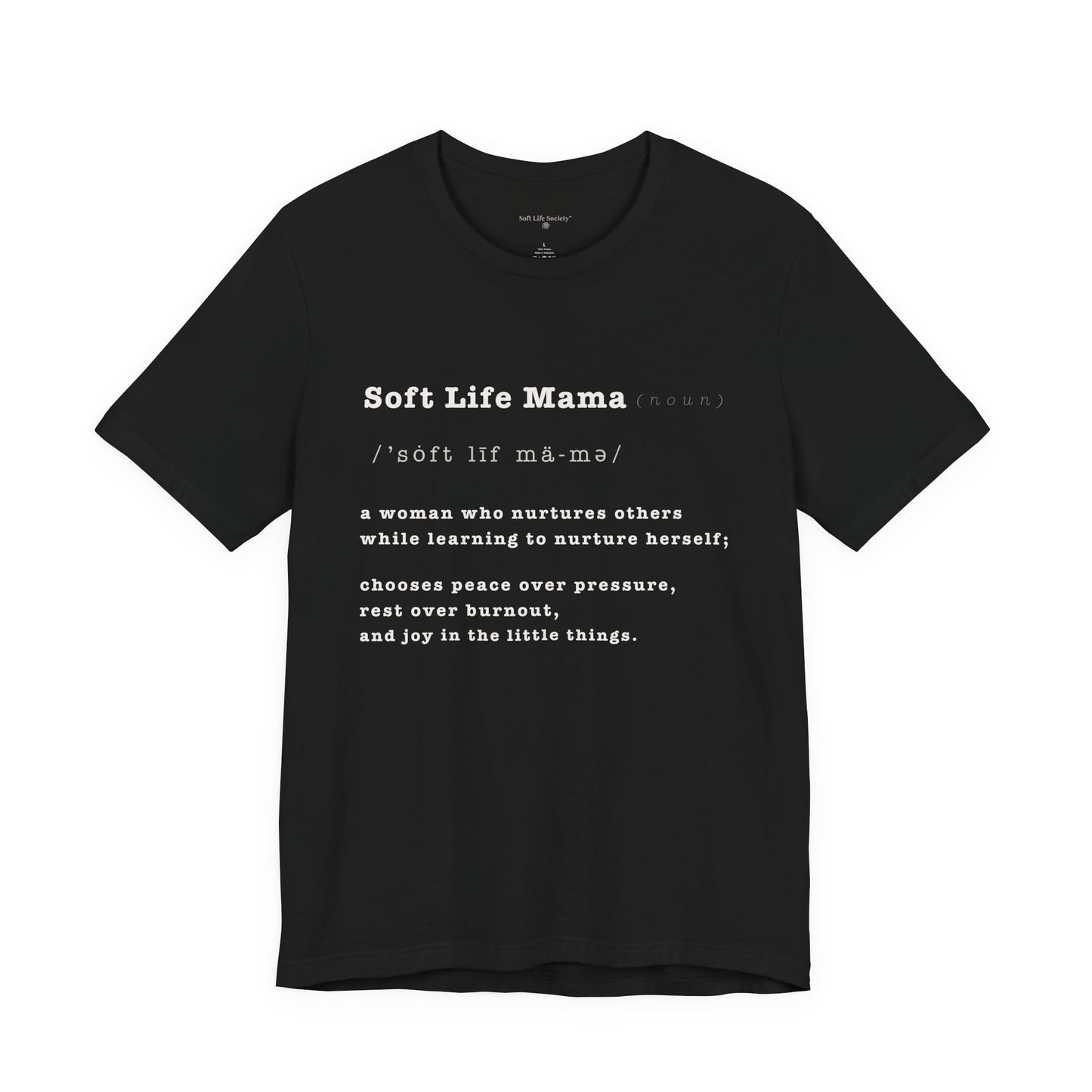 Black t-shirt with white mountain graphic and text on a white background