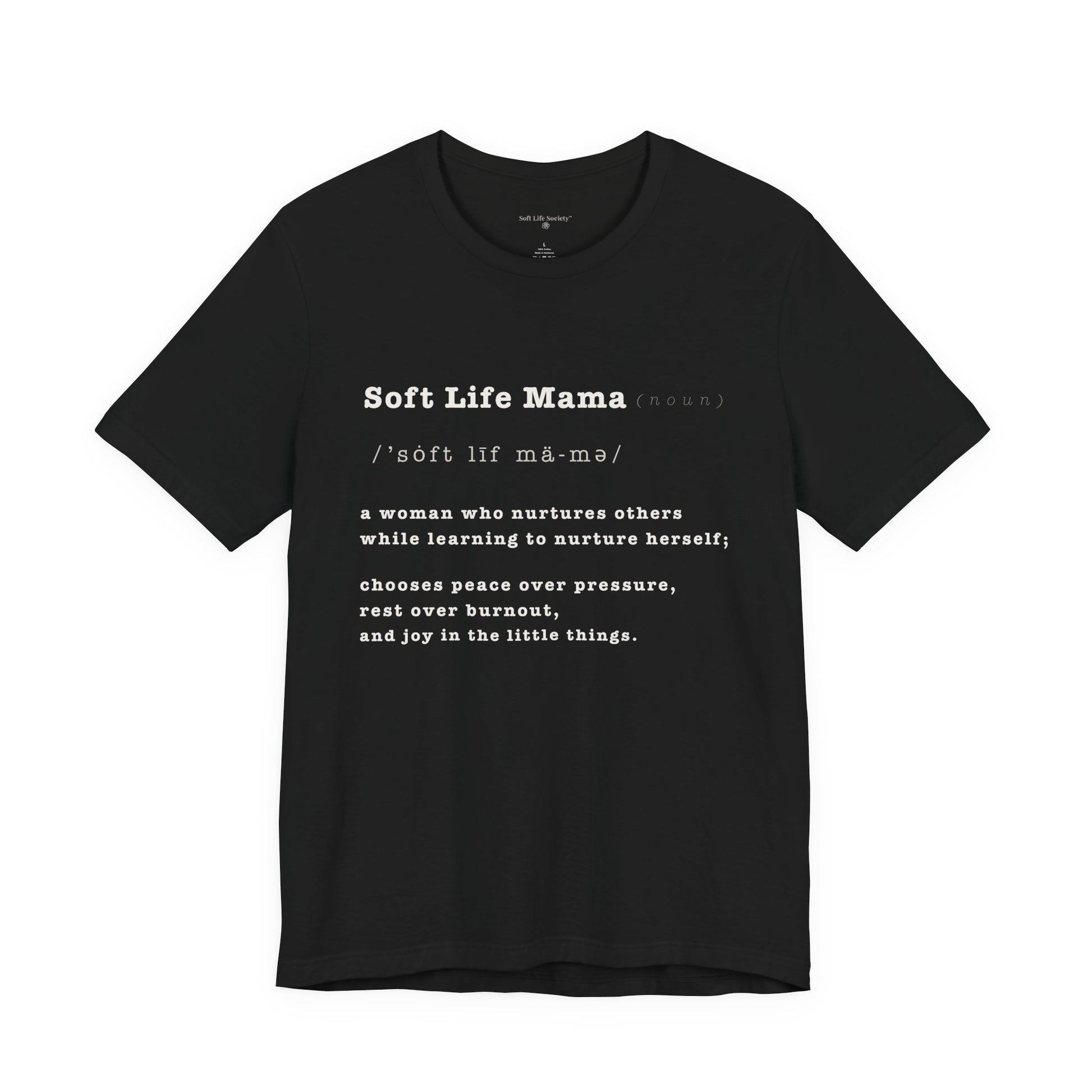 Black t-shirt with white mountain graphic and text on a white background