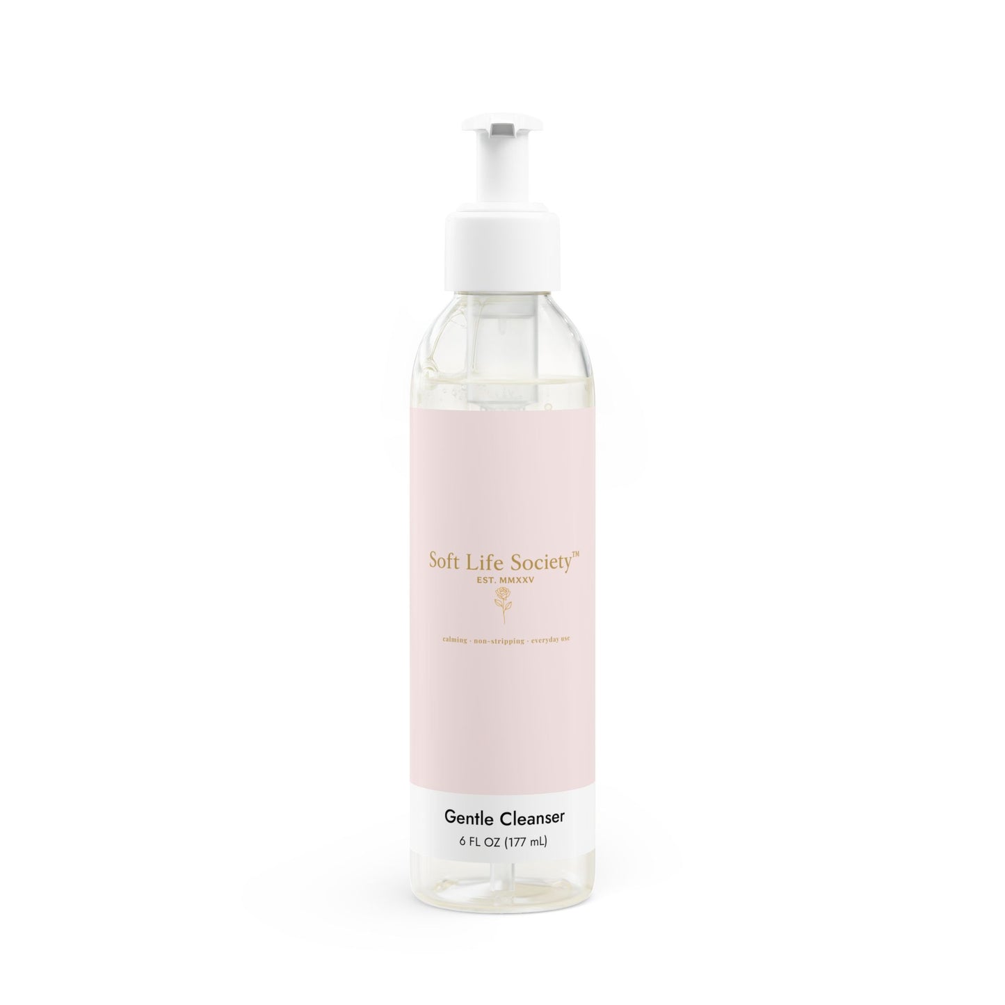 Bottle of Soft Life Society Gentle Cleanser on a white background