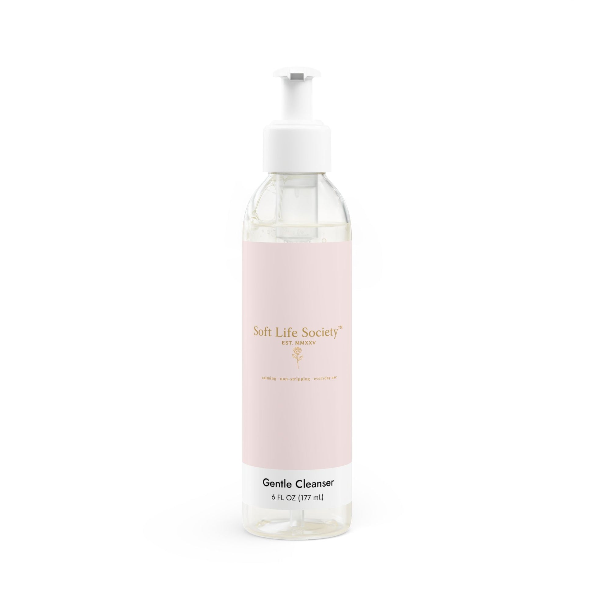Bottle of Soft Life Society Gentle Cleanser on a white background