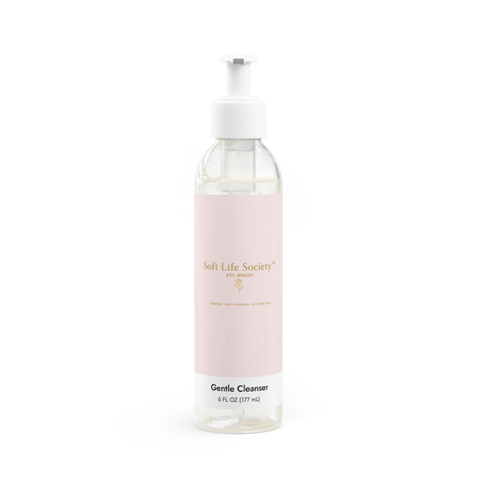 Bottle of Soft Life Society Gentle Cleanser on a white background