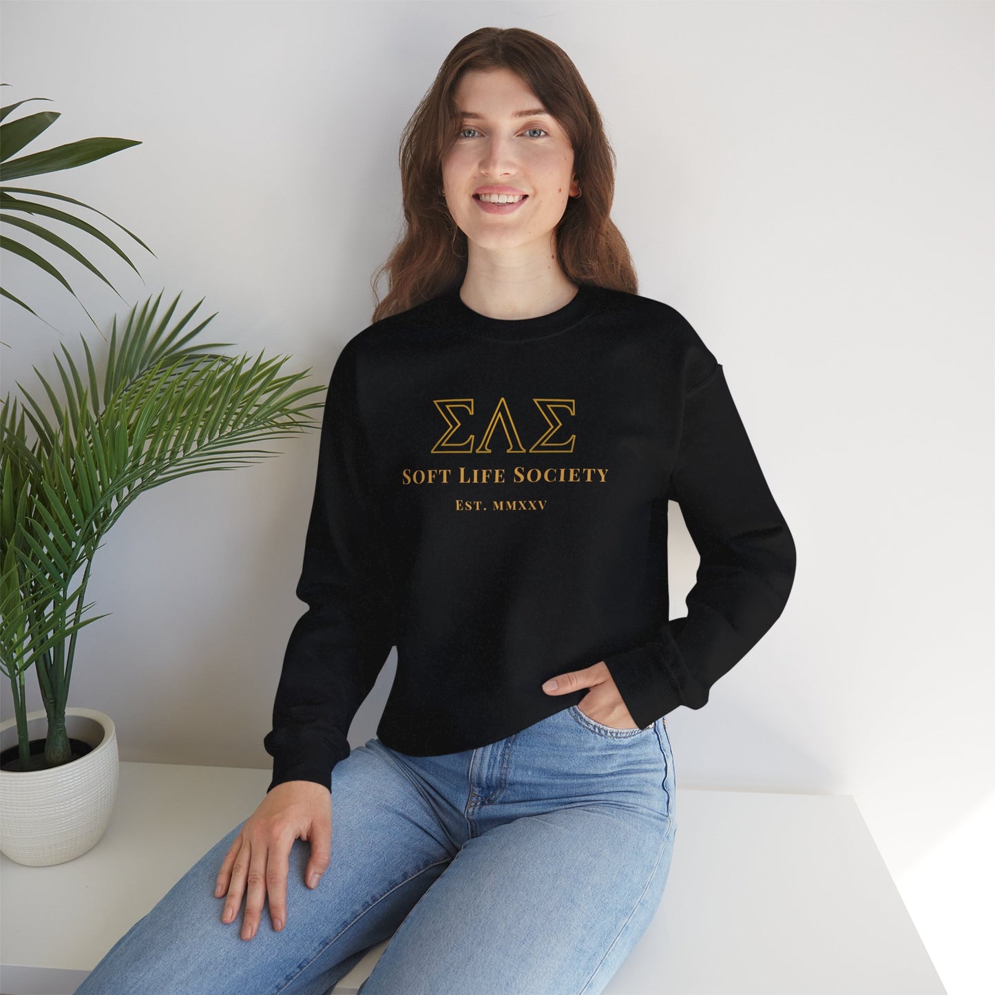 Soft Life Society™ Sorority Crewneck Sweatshirt | ΣΛΣ Vintage Embroidery | Unisex Heavy Blend in Black & Maroon