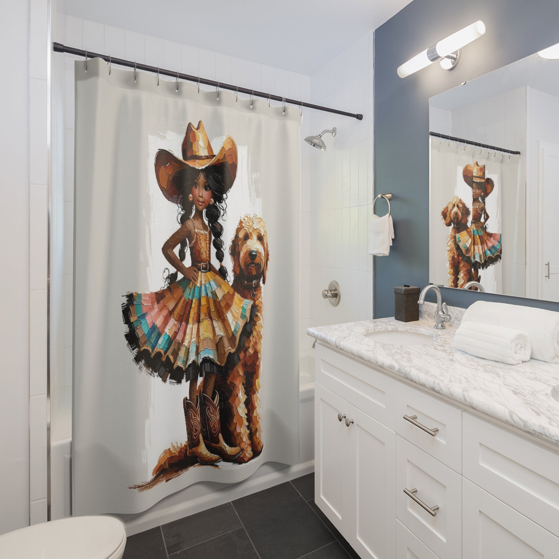 Mockup of the shower curtain in a rustic farmhouse-inspired bathroom
