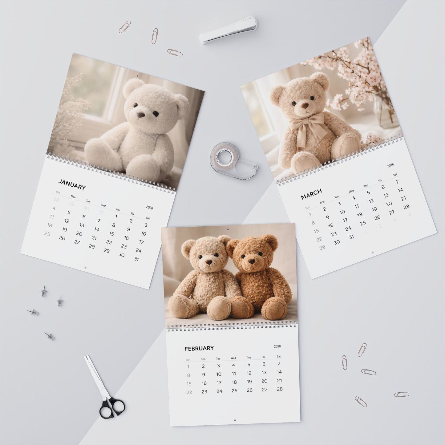 Calendar with teddy bear images on a light gray background