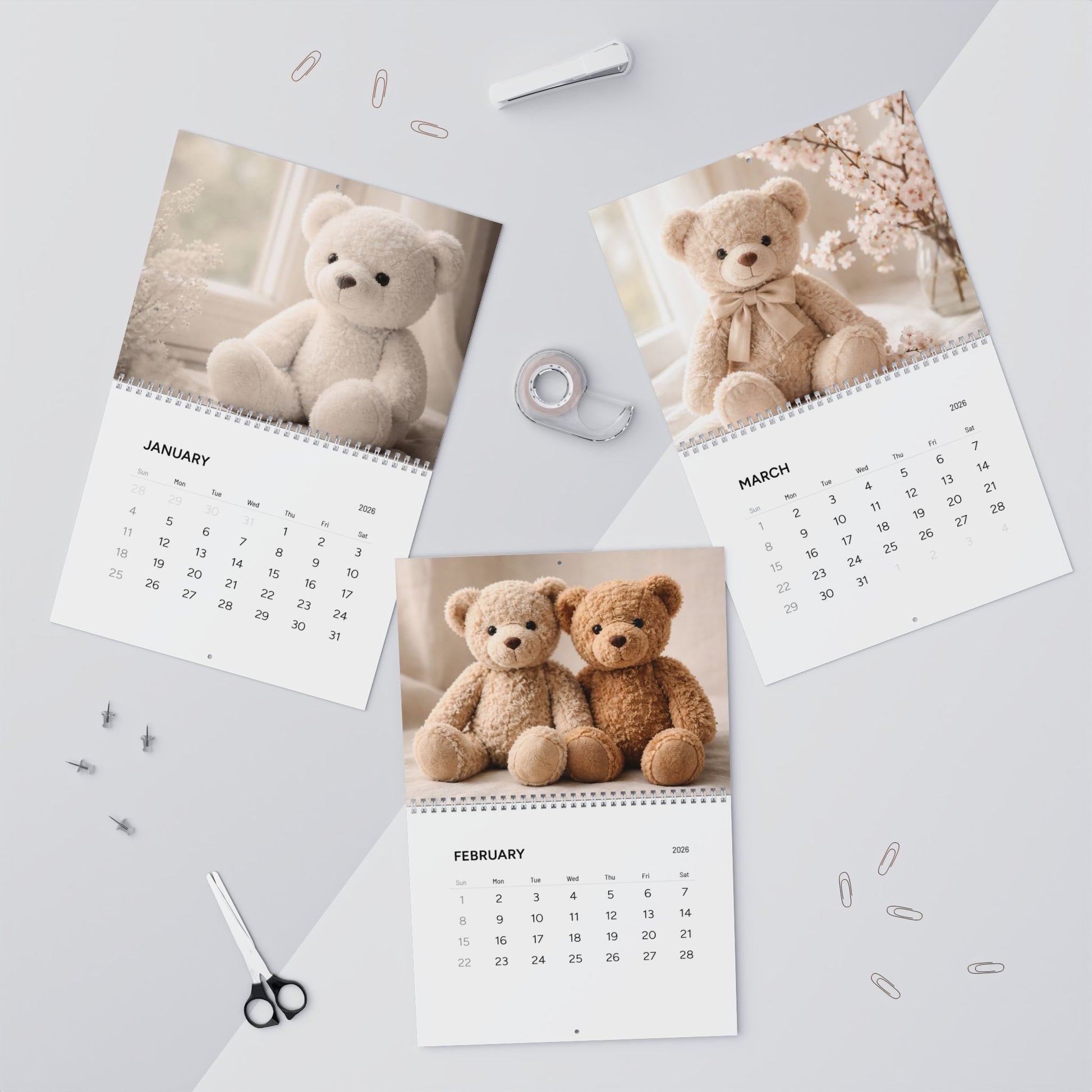 Calendar with teddy bear images on a light gray background
