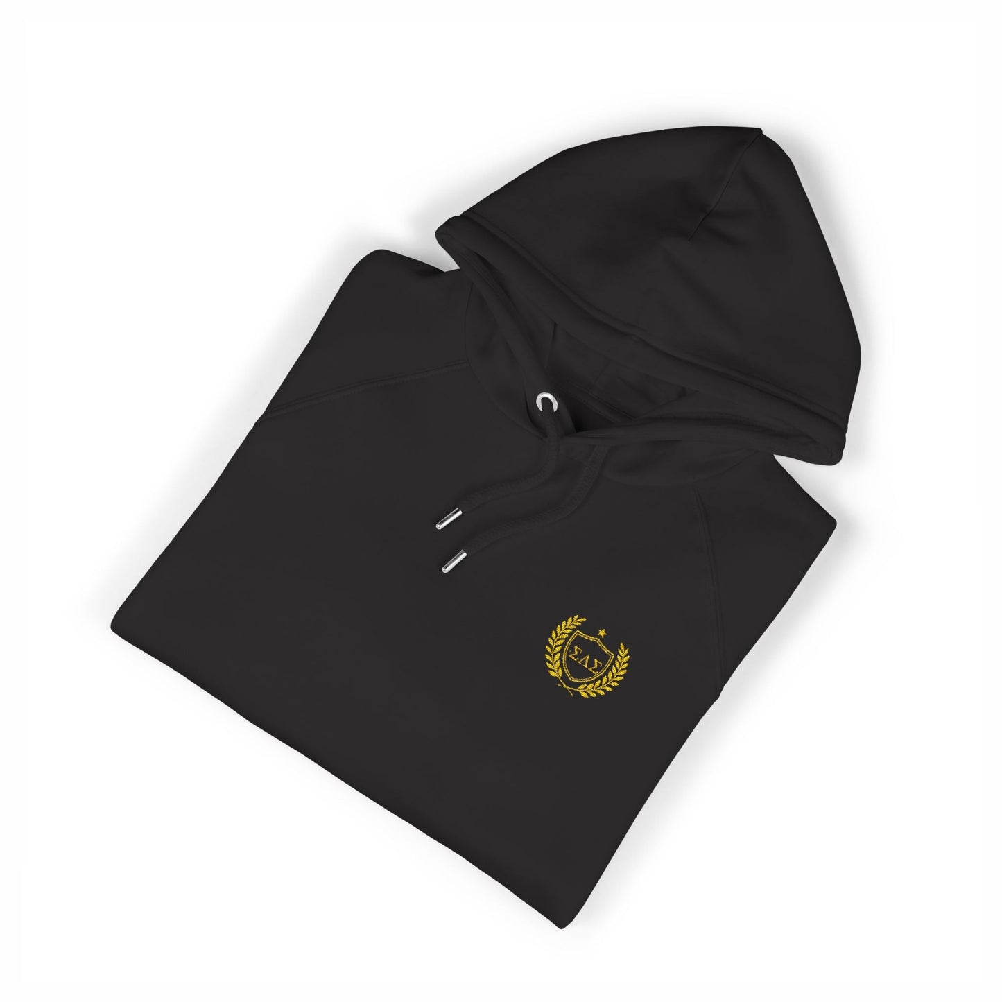 Black hoodie with a gold emblem on a white background