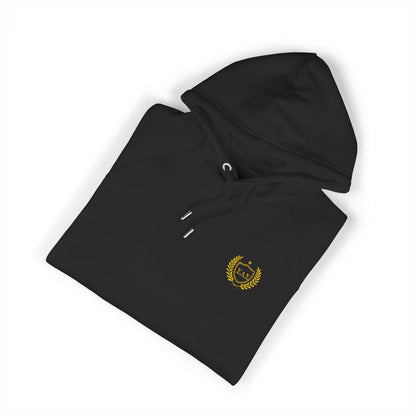 Black hoodie with a gold emblem on a white background