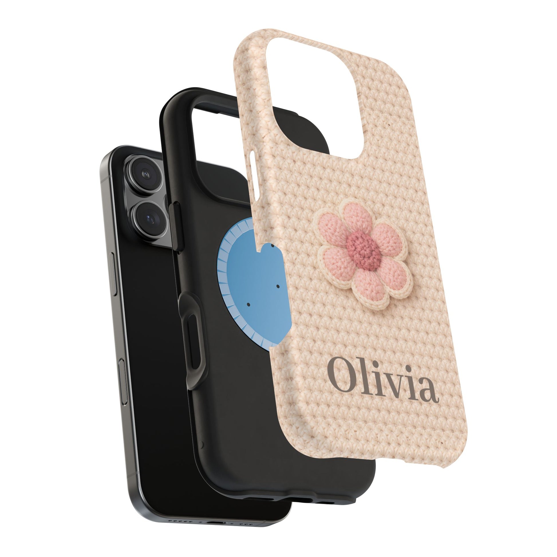Phone case with floral design and 'Olivia' text, featuring MagSafe on a white background.