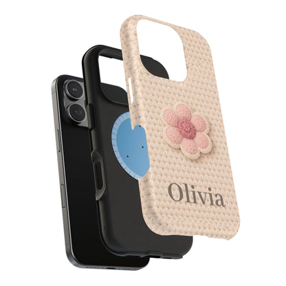 Phone case with floral design and 'Olivia' text, featuring MagSafe on a white background.