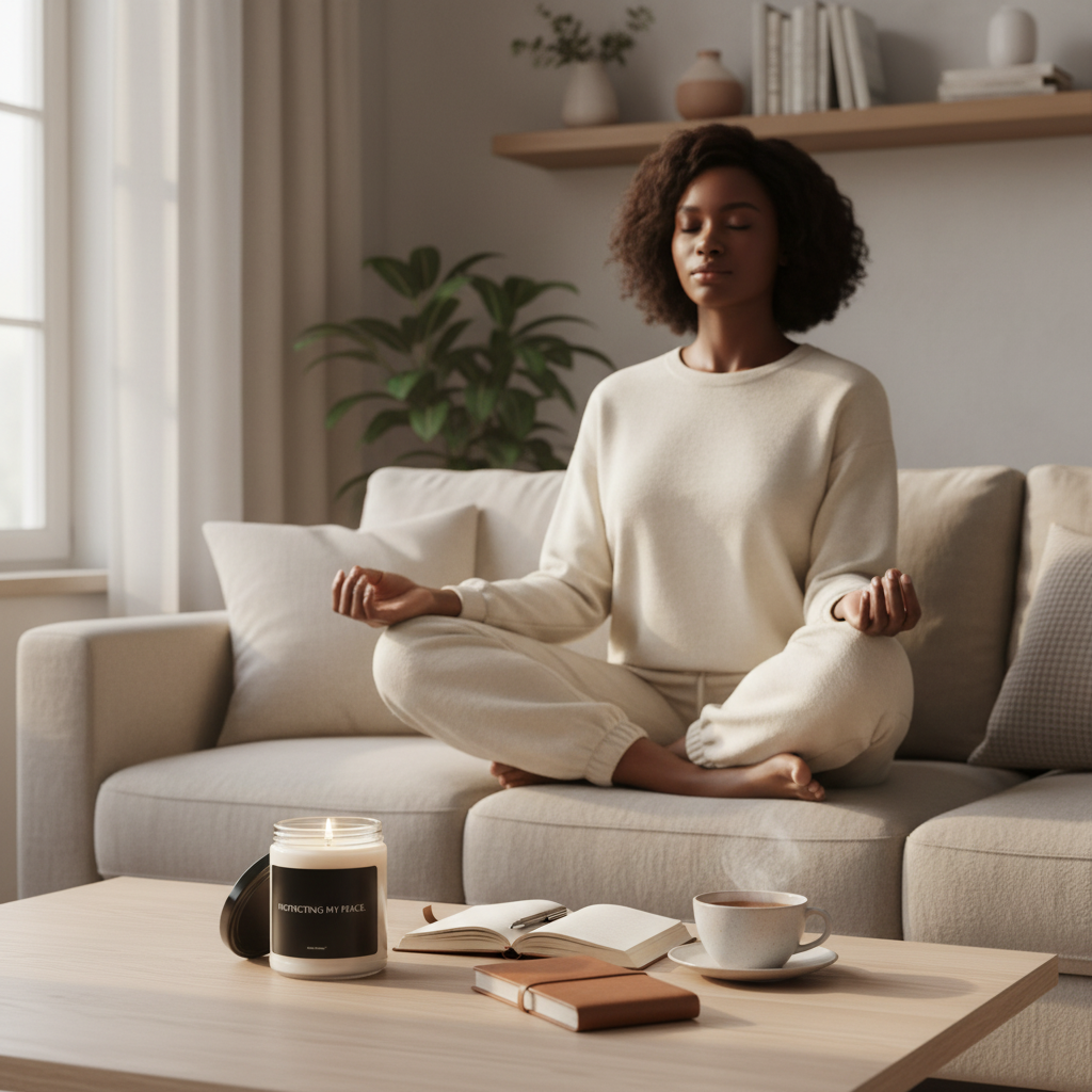 Woman practicing meditation beside a lit self-care candle with the phrase “Protecting my Peace.”