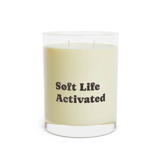 Soft Life Society Affirmation Candle with 'Soft Life Activated' text on a white background