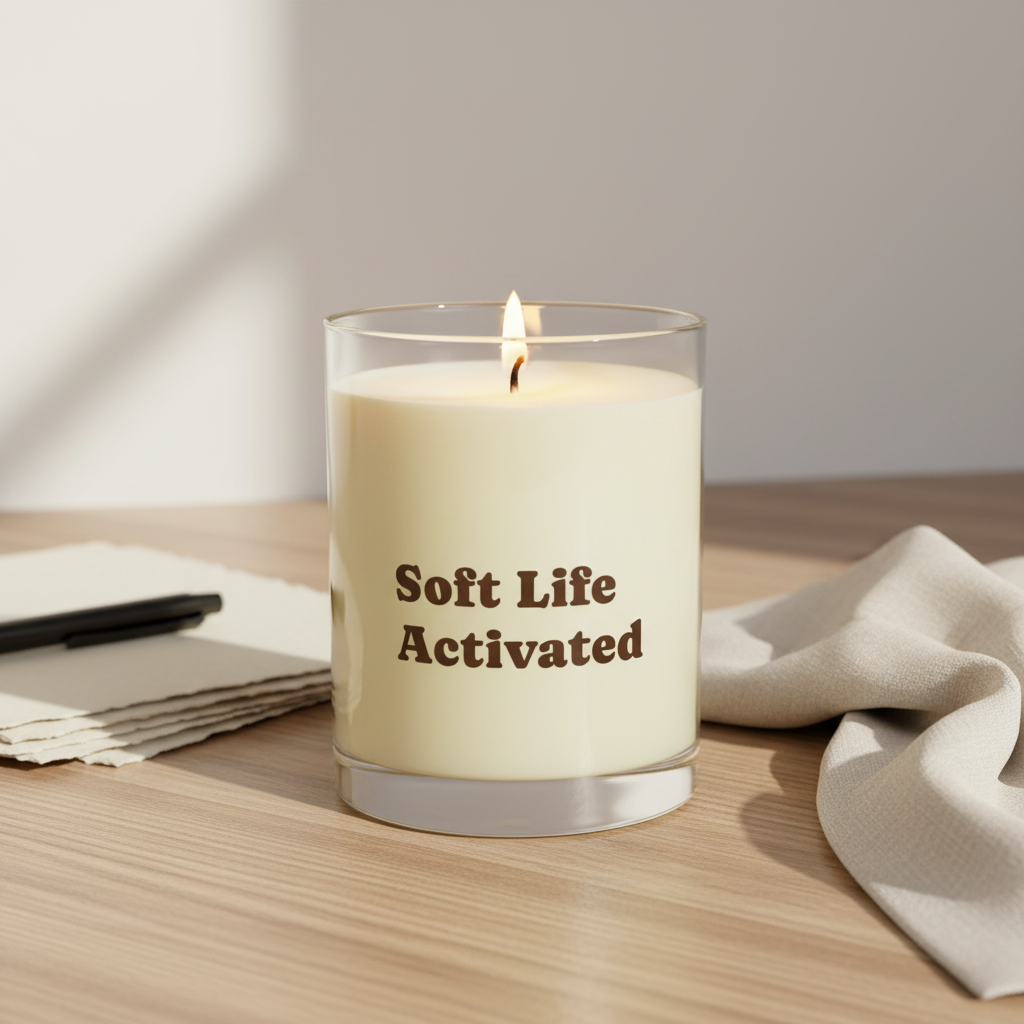 Soft Life Society Affirmation Candle with 'Soft Life Activated' text on a wooden surface