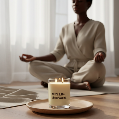 Person in a robe meditating with a 'Soft Life Activated' candle on a wooden tray.
