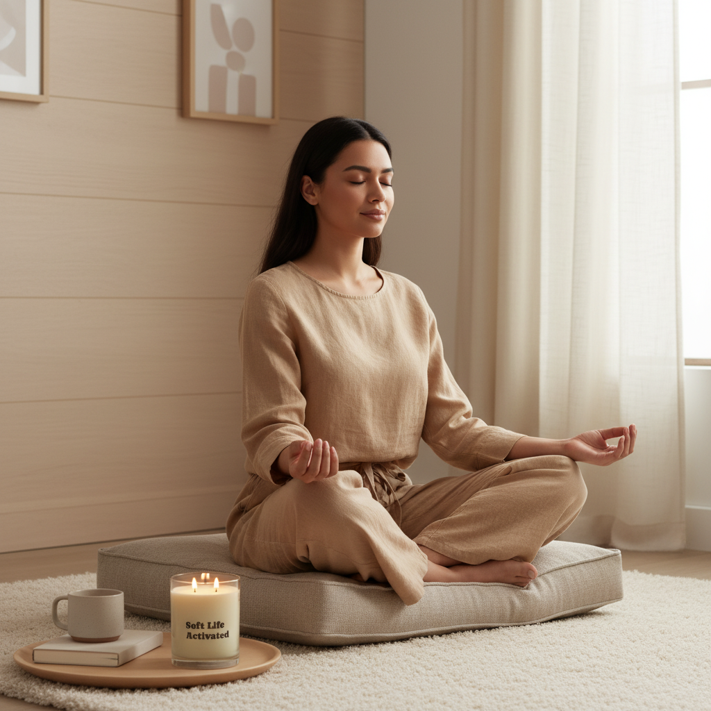 Woman meditating on a cushion in a softly lit room with a Soft Life Society Affirmation candle and mug on a tray.