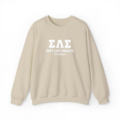 Beige sweatshirt with 'Sigma Lambda Gamma Soft Life Society' text on a white background
