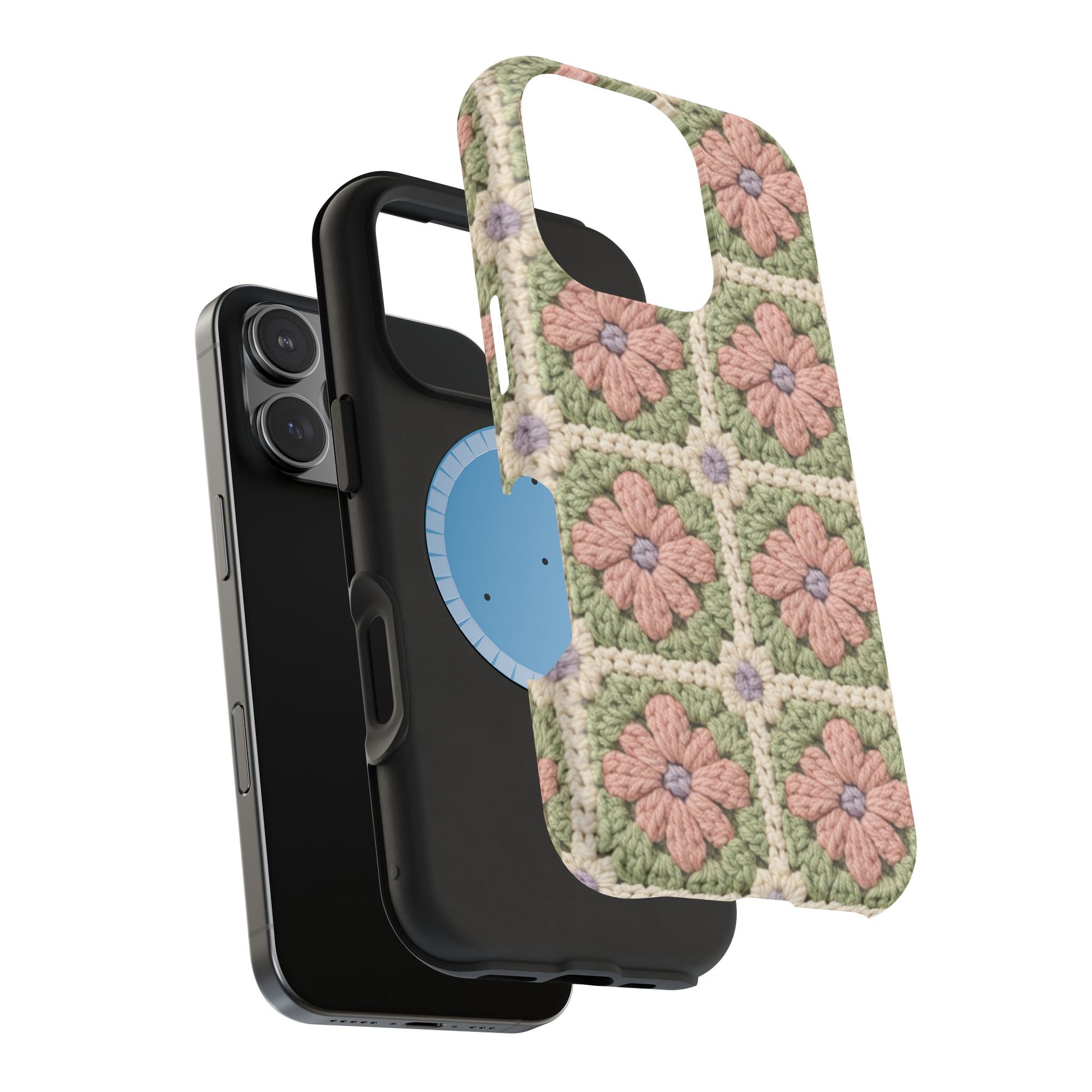 Phone case with floral pattern and magnetic clip on a white background
