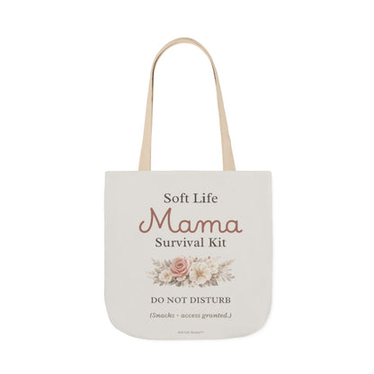 Tote bag with 'Soft Life Mama Survival Kit' text and floral design on a white background