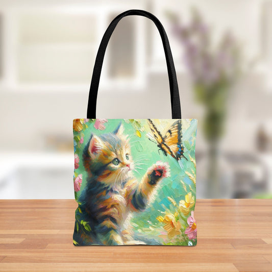 Kitten and Butterfly Tote Bag with whimsical art design featuring a playful kitten and butterfly.