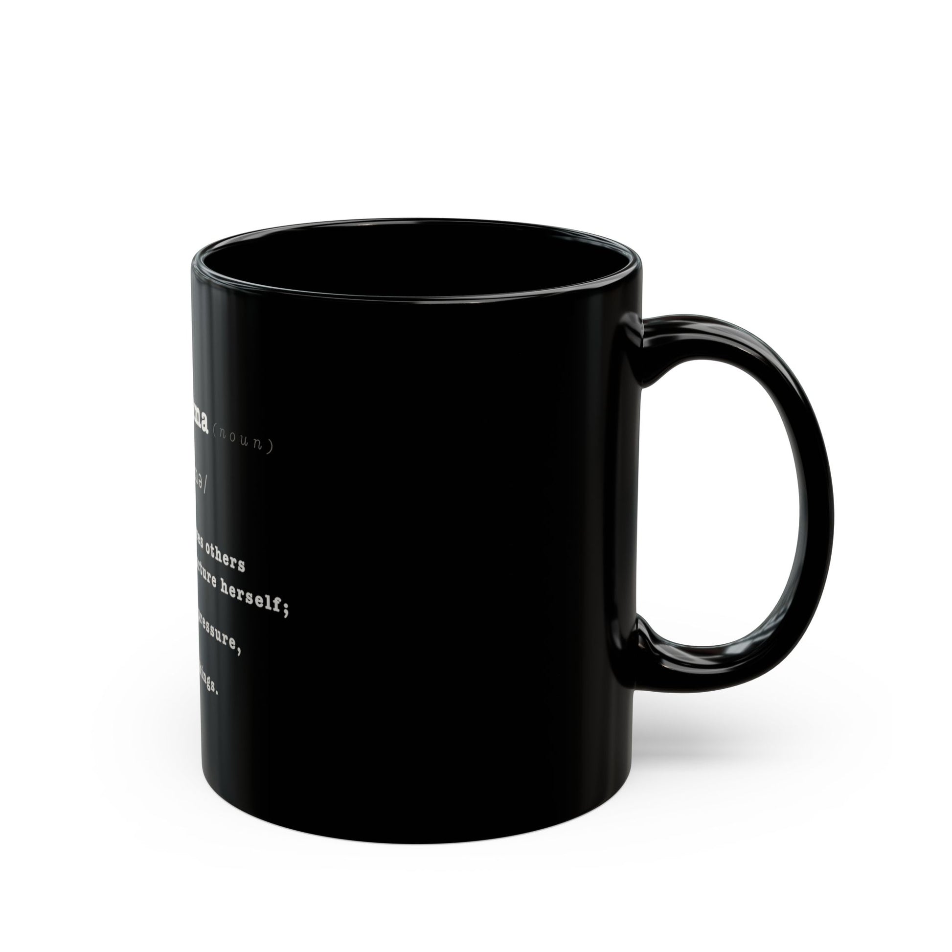 Side view of black mug with text on a white background