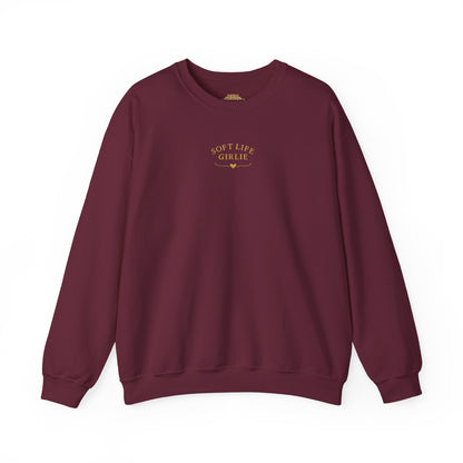 Maroon sweatshirt with 'SOFT LIFE GIRLIE' text on a white background