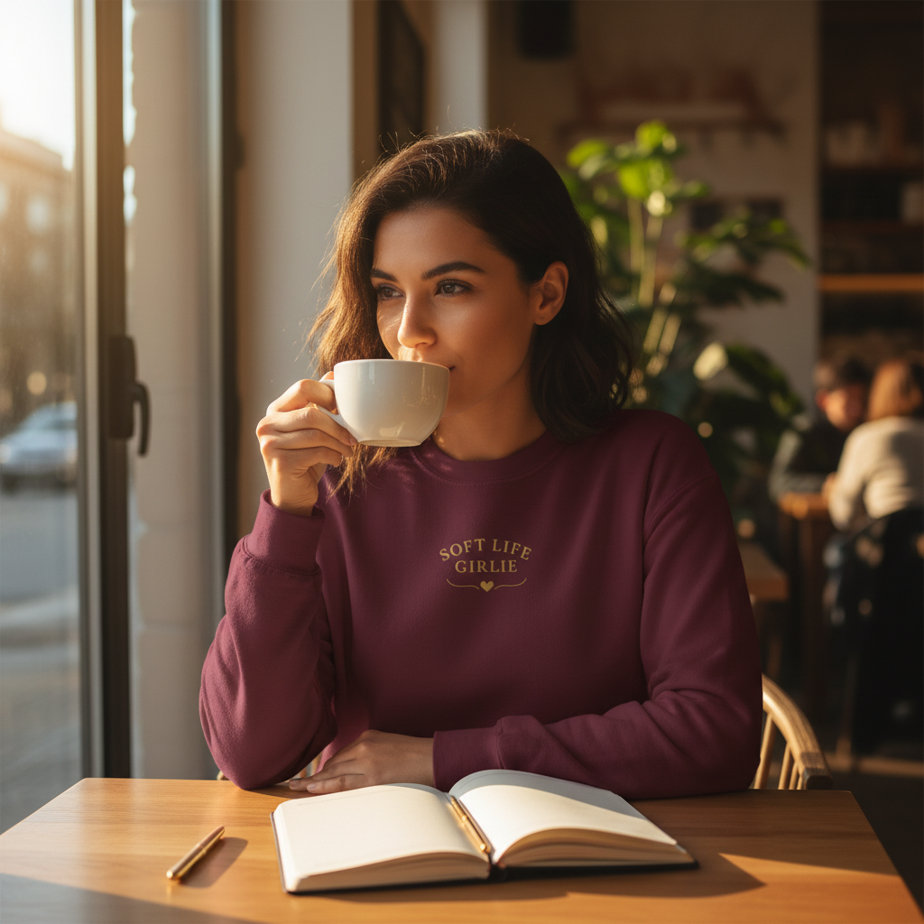Woman in a maroon "Soft Life Girlie" sweatshirt drinking from a white mug with a book open on a table in a cafe.
