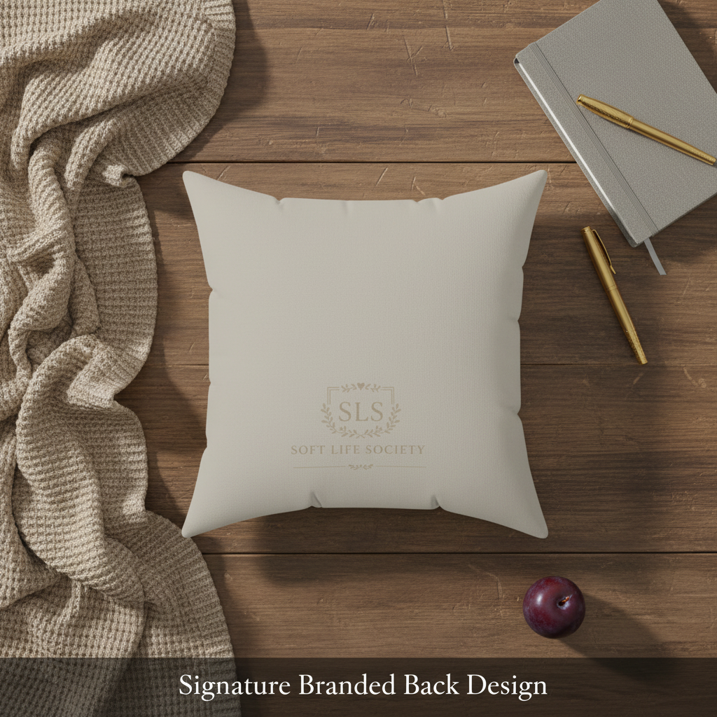 Beige pillow with 'SLS Soft Life Society' logo on a white background