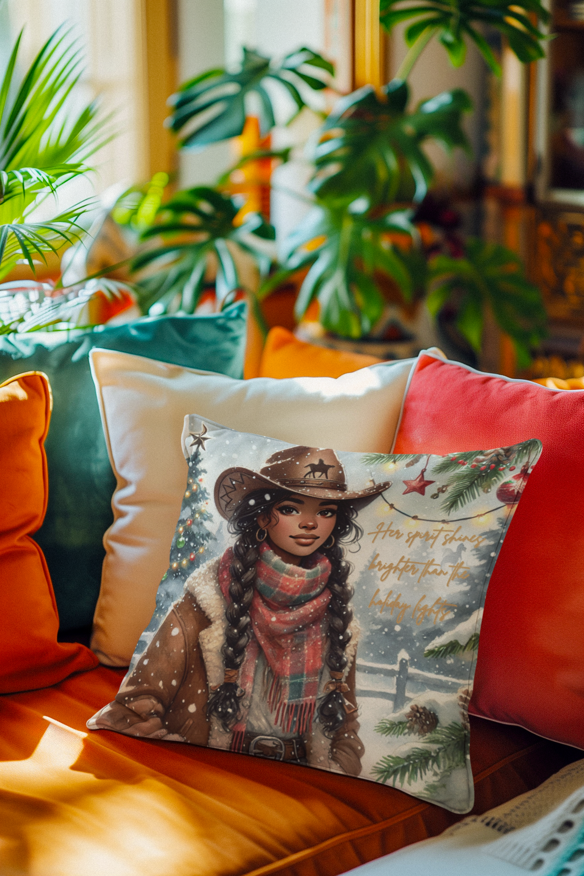 Decorative holiday pillow on a cozy chair, showcasing a rustic Western cowgirl in a snowy winter setting.