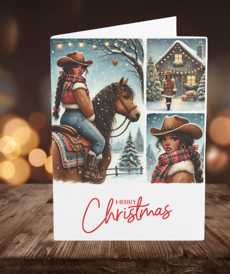 African American Cowgirl Christmas Card, Western Holiday Greeting Card with Brown-Skinned Cowgirl, Cozy Winter Scene, Holiday Card
