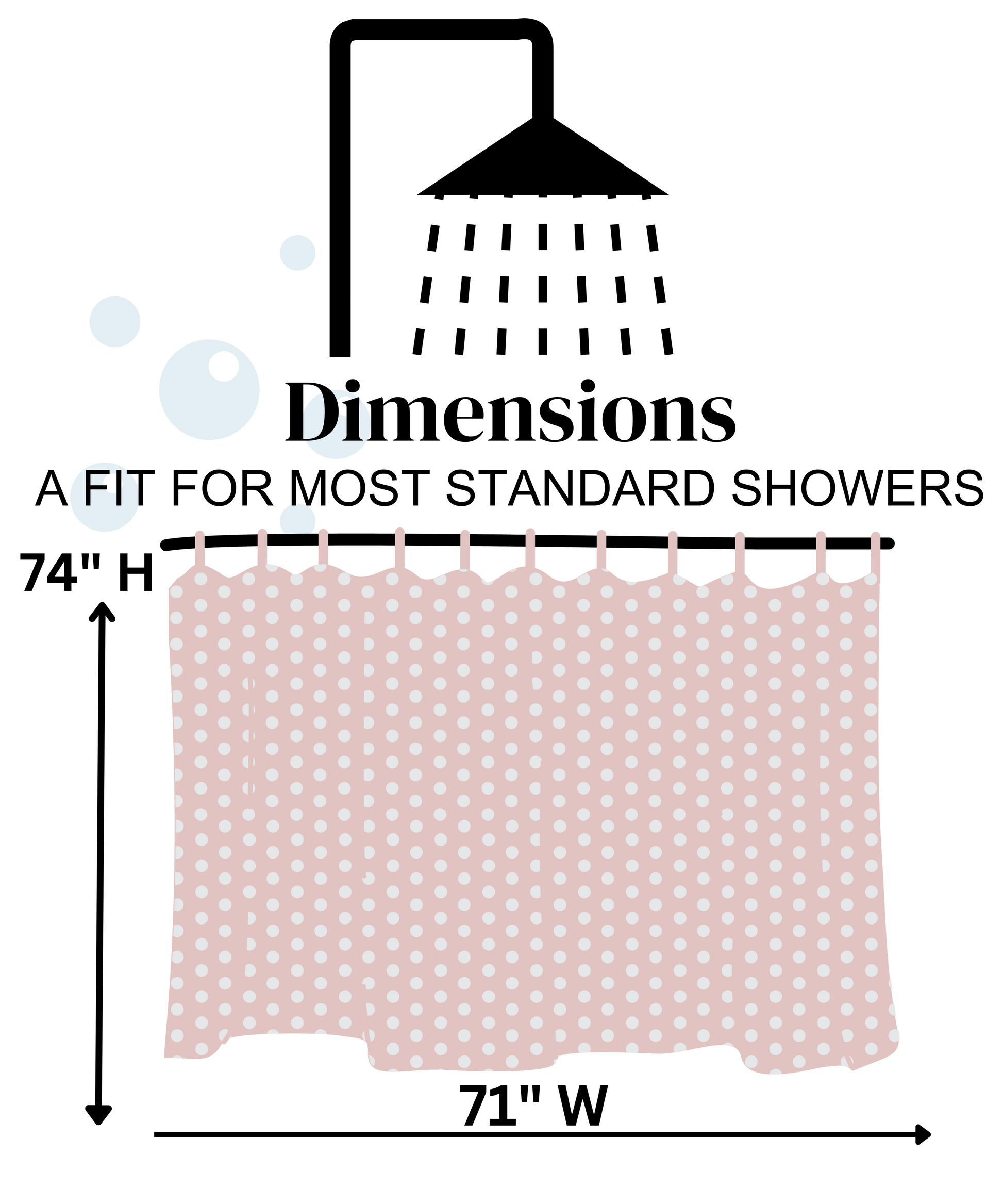 Infographic displaying dimensions for shower curtains