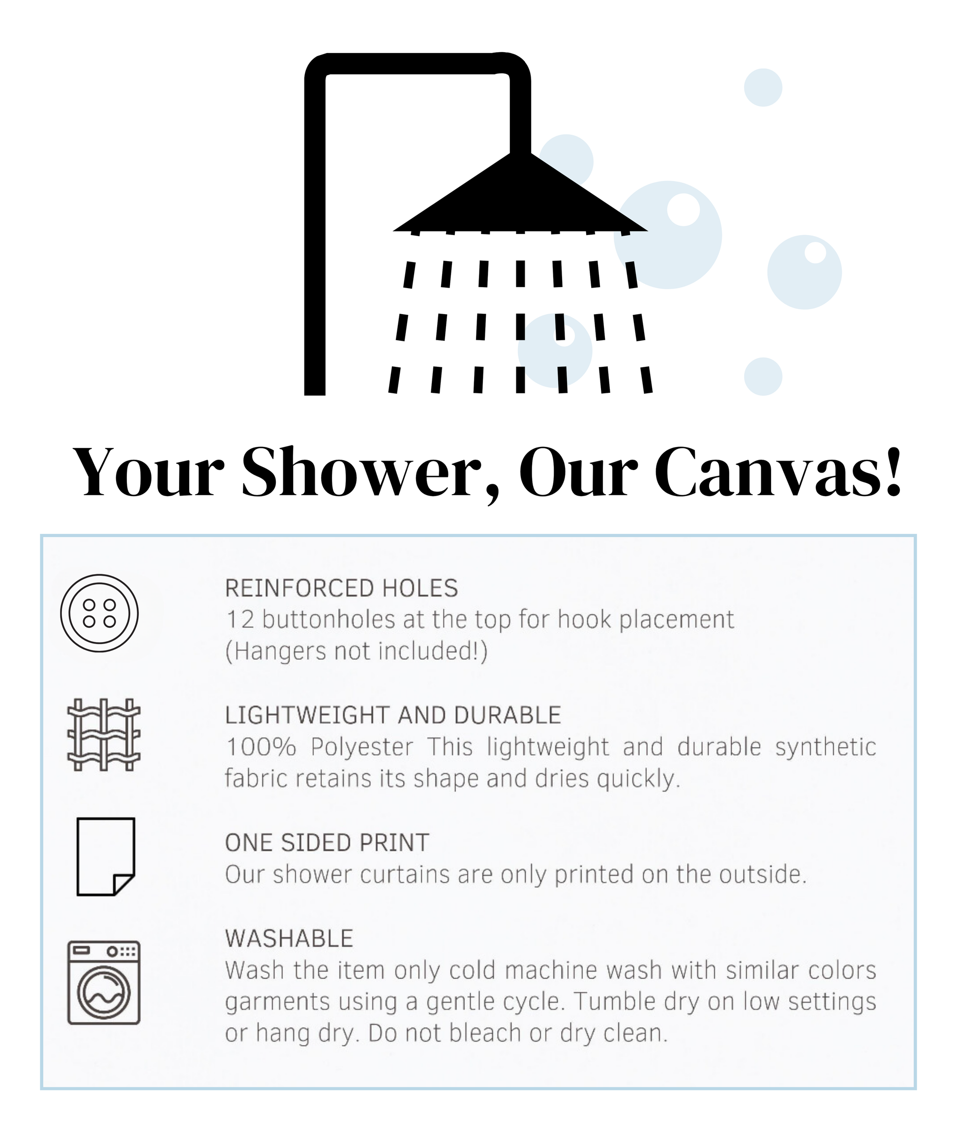 Product features graphic, titled "Your Shower, Our Canvas!" showcasing key points like reinforced holes, lightweight and durable polyester material, one-sided print, and machine washability.