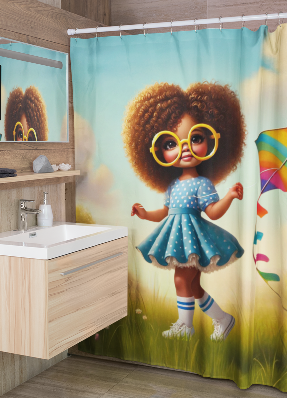 The shower curtain displayed in a modern bathroom with bright lighting.

